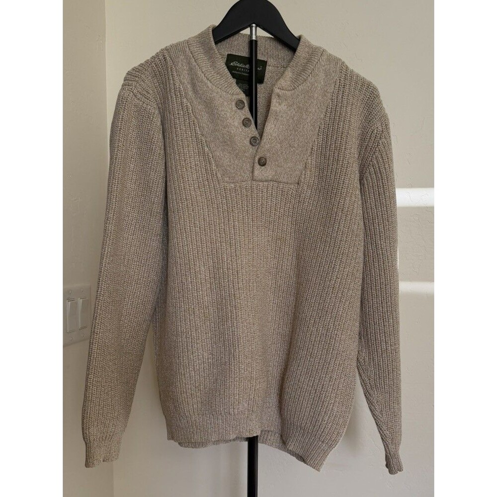 Eddie Bauer Men’s Large Tall 100% Cotton Sweater Henley Cream Fisherman Pullover